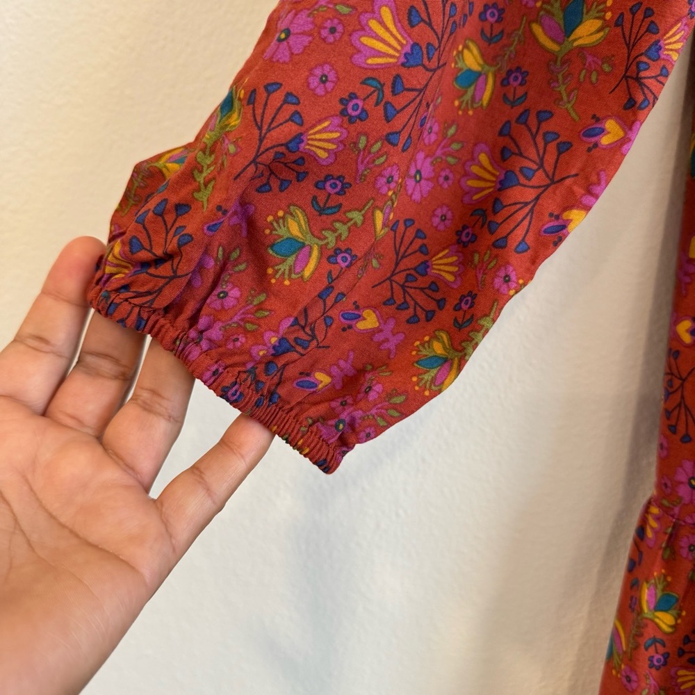 NATURAL LIFE Red Floral Long Sleeve Boho Maxi Dress with Blue & Yellow Border - Picture 6 of 8